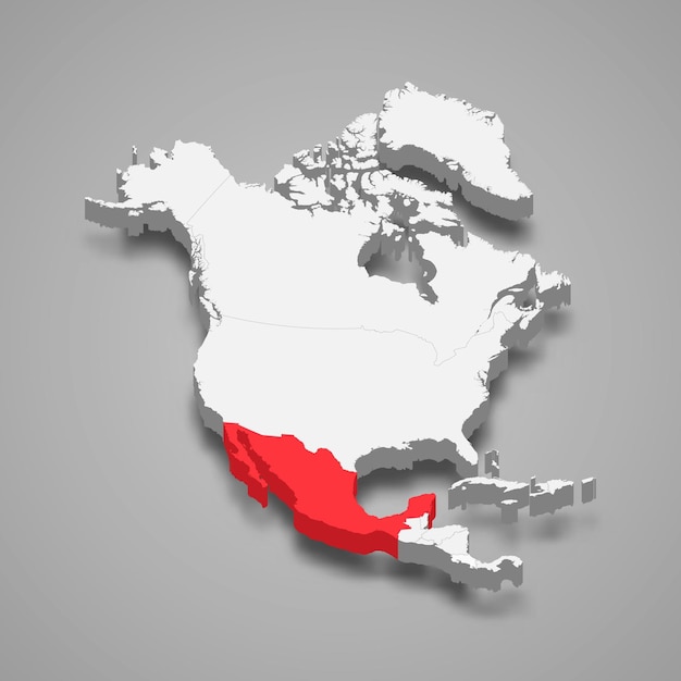 Mexico country location within north america 3d map