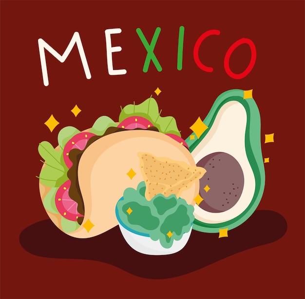 Messico cultura cibo avocado taco guacamole nachos illustrazione