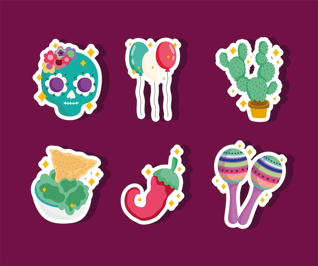 Vector mexico culture icon set, stickers decoration skull, cactus, balloons, maracas