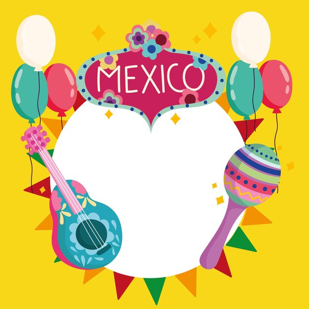 Mexico culture traditional guitar maraca flowers balloons celebration party illustration