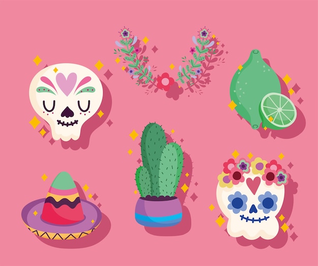 Mexico cultuur pictogrammenset met schedel, catrina, cactus, hoed en citroen