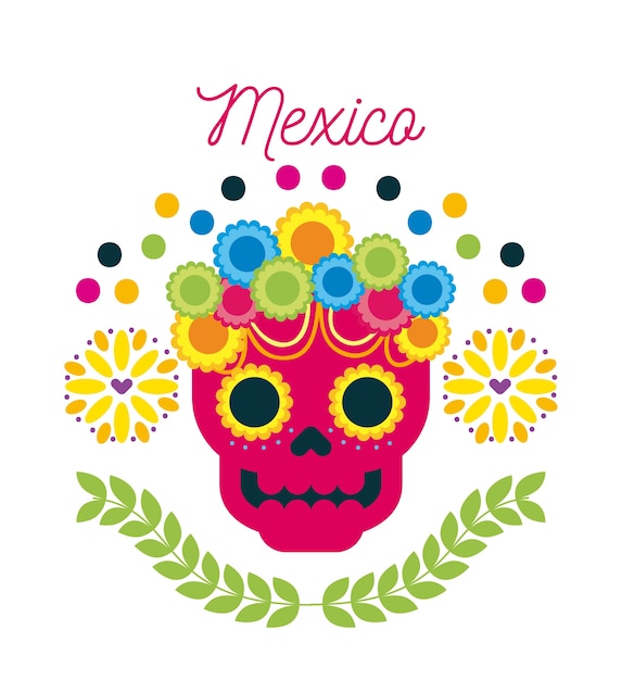 꽃 장식으로 죽은 두개골의 멕시코 하루
