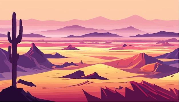 Il tramonto nel deserto del messico con cactus sullo sfondo di pietre e illustrazione vettoriale del cielo