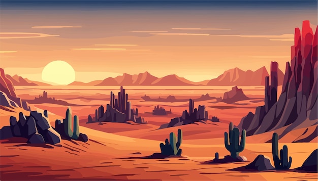 Mexico desert sunset with cactus on the background of stones and sky vector illustration