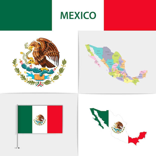 Vector mexico flag map and coat of arms