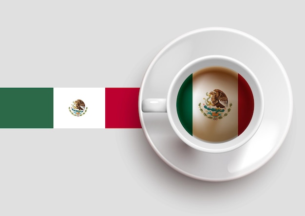 Mexico flag with a tasty coffee cup on top view