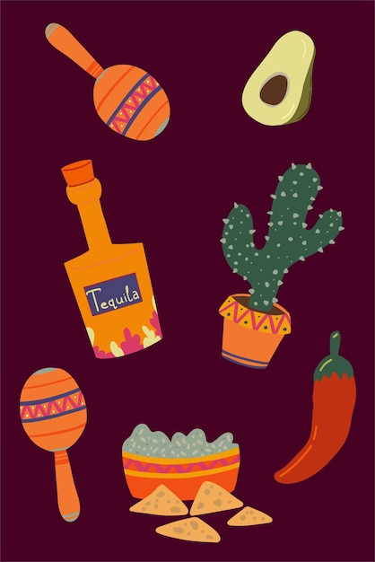 Mexico hand drawn set of vector items