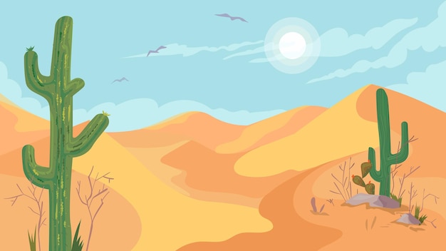 Mexico hete woestijn uitzicht, banner in platte cartoon design. Landschap met cactussen, planten, zandduinen en stenen, de zon schijnt in de lucht. Wildernis panoramisch landschap. Vectorillustratie van webachtergrond