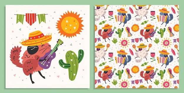 Mexico holiday, party card. Little cute chinchillas in sombrero with maracas, accordion, guitar, cactus, sun and flags. Flat colourful seamless pattern