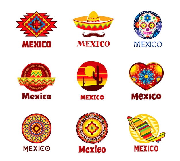 Vector mexico icons mexican sombreros ethnic pattern