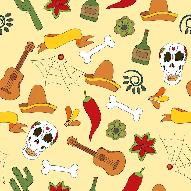 メキシコアイコンシームレスパターンベクトルイラスト。伝統的なメキシコの要素の背景カーニバルやお祭り