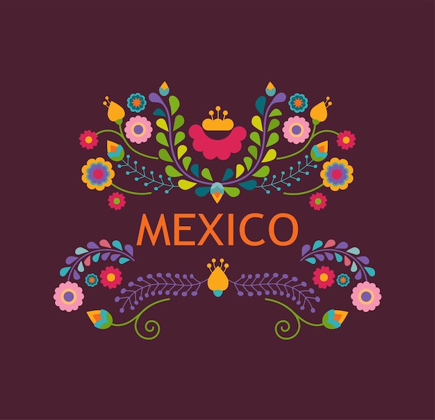 Mexico illustration with flowers and mexican decoration