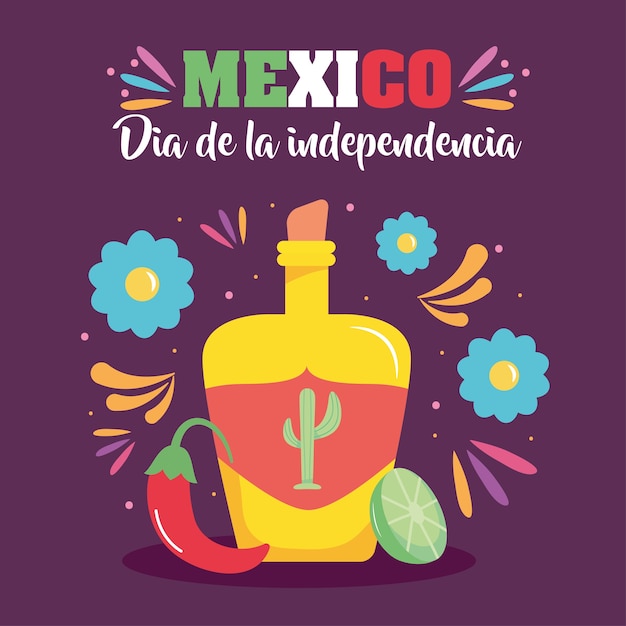 Design del giorno dell'indipendenza del messico con bottiglia di tequila