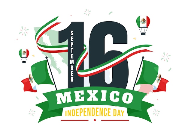mexico independence day vector illustration on september 16 with waving flag and ribbon