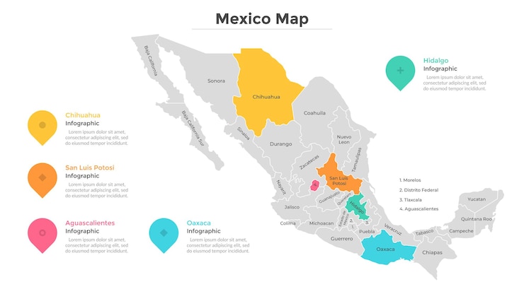 Vector メキシコの地図は地域または州に分かれています。地域の境界、地理的区分がある国の領土。インフォグラフィックデザインテンプレート。パンフレット、観光ウェブサイトのフラットベクトルイラスト。