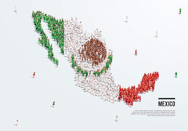 メキシコの地図と国旗。マップを作成するためのメキシコの旗の色の形をした大勢の人々。