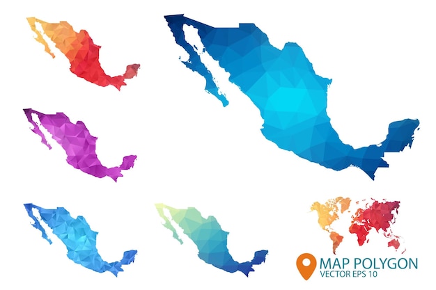 ベクトル メキシコ地図幾何学的なしわくちゃの三角形の低ポリスタイルのグラデーショングラフィック背景のセット