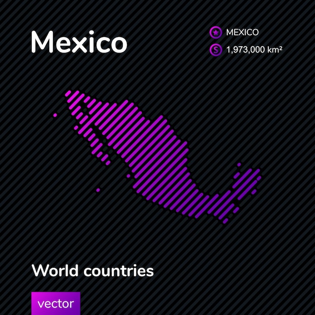 Vector mexico map. vector flat neon map with violet striped texture on black background.