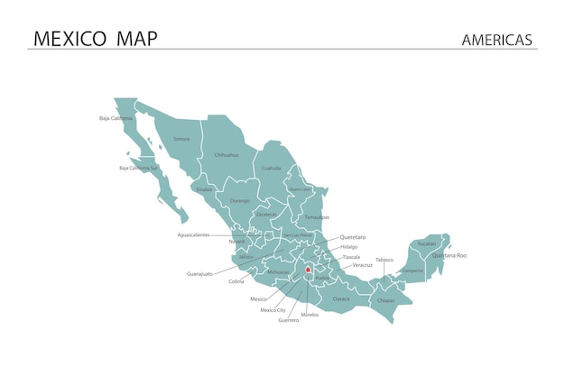 Vettore illustrazione vettoriale della mappa del messico la mappa ha tutte le province e segna la capitale del messico