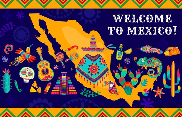 Vector mexico map with cuisine meals animals and plants