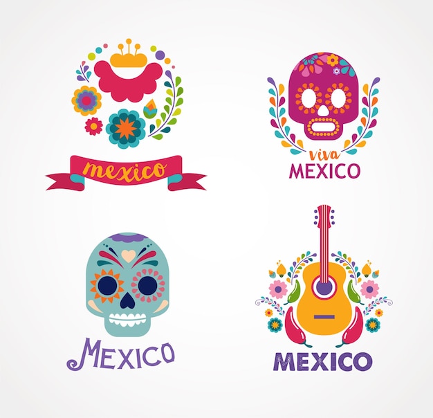 mexico music skull and food badges