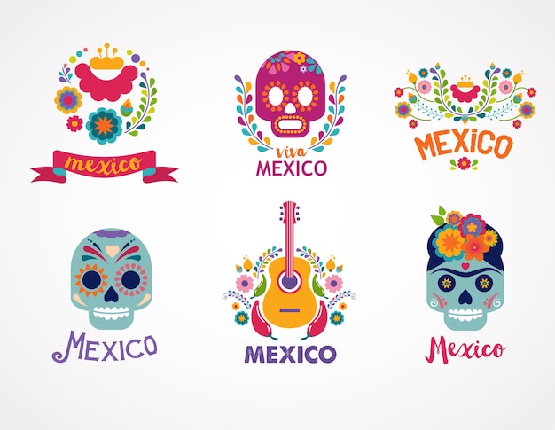 Vector mexico music skull and food elements