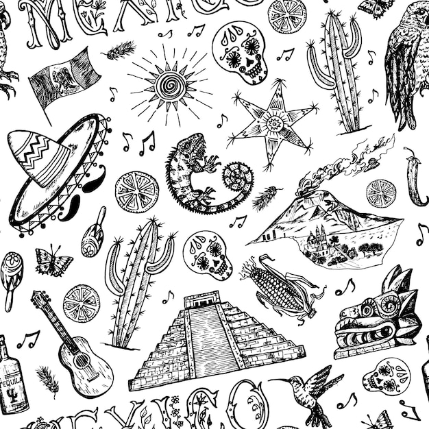 Vector mexico seamless pattern in vintage style traditional national costume on a woman animals plants and musical instruments engraved hand drawn sketch