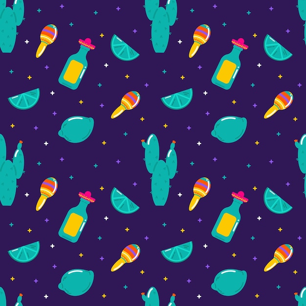 Mexico seamless pattern with cactus lime and tequila