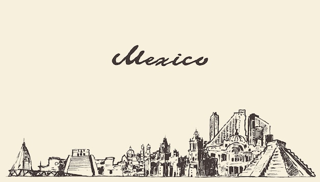 Vettore skyline del messico, illustrazione vettoriale vintage incisa, disegnata a mano, schizzo