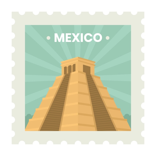 Mexico Travel Stamp Sticker Or Ticket Design With Orange Mayan Temple Over Green Rays Background