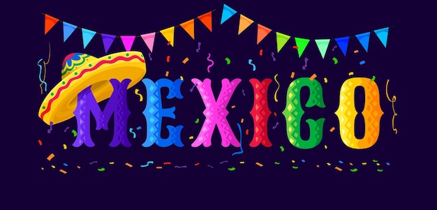 Mexico typografie banner Spaanse cultuur evenement Mexicaanse traditionele festivalviering of Cinco de Mayo etnische feest uitnodiging vector poster met sombrero hoed papier krans en kleurrijke confetti