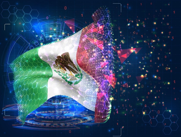 Mexico vector flag virtual abstract 3D object from triangular polygons on a blue background