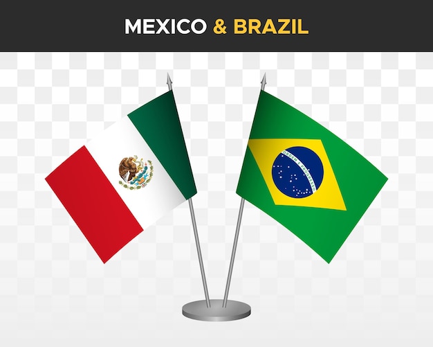 Mexico vs Brazilië bureau vlaggen mockup geïsoleerde 3d vector illustratie Mexicaanse tafel vlag