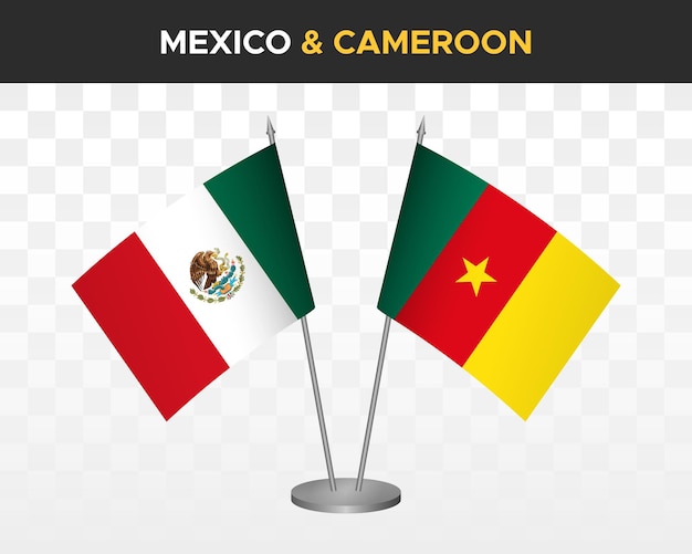 Mexico vs Kameroen Bureau vlaggen mockup geïsoleerde 3d vector illustratie Mexicaanse tafel vlag