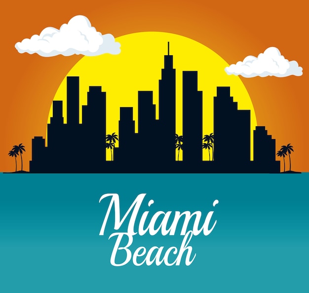 Vettore progettazione dell'illustrazione di vettore di scena di paesaggio urbano della spiaggia di miami