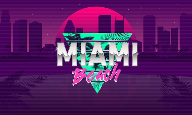 Vettore logo di miami beach modello di sfondo retrò anni '80 tramonto retrò con paesaggio urbano e palme