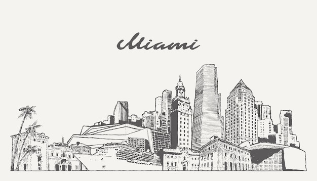 Miami Beach skyline, Florida, Usa, handgetekende vectorillustratie, schets