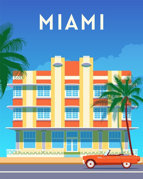 Vector miami city travel retro poster, sunny day in art deco district. summer florida vintage banner. hand drawn flat  illustration.
