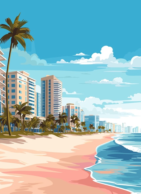 Vettore città turistica di miami al tramonto paesaggio urbano estivo e riva del mare con spiaggia di sabbia e palme illustrazione vettoriale
