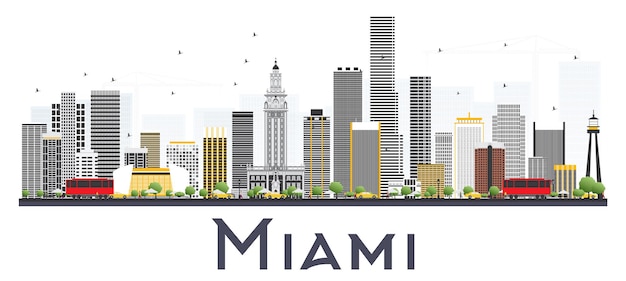 Miami USA City Skyline with Gray Buildings Isolated on White Background. Vector Illustration. Business Travel and Tourism Concept with Modern Buildings. Miami Cityscape with Landmarks.