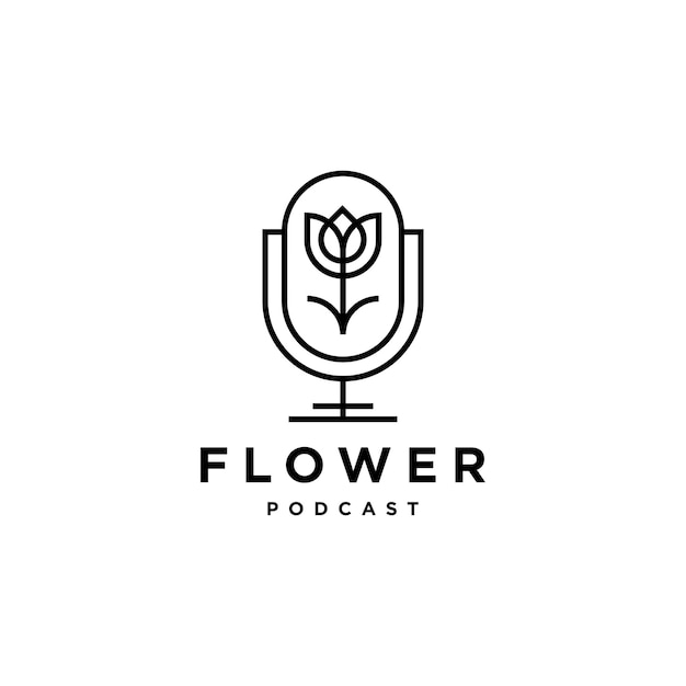 mic and rose flower logo icon design concept of florist podcast in trendy line outline vector