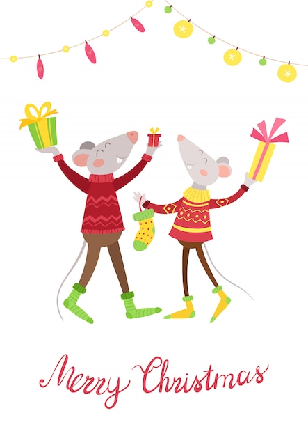 Mice couple  happy with presents flat vector illustration