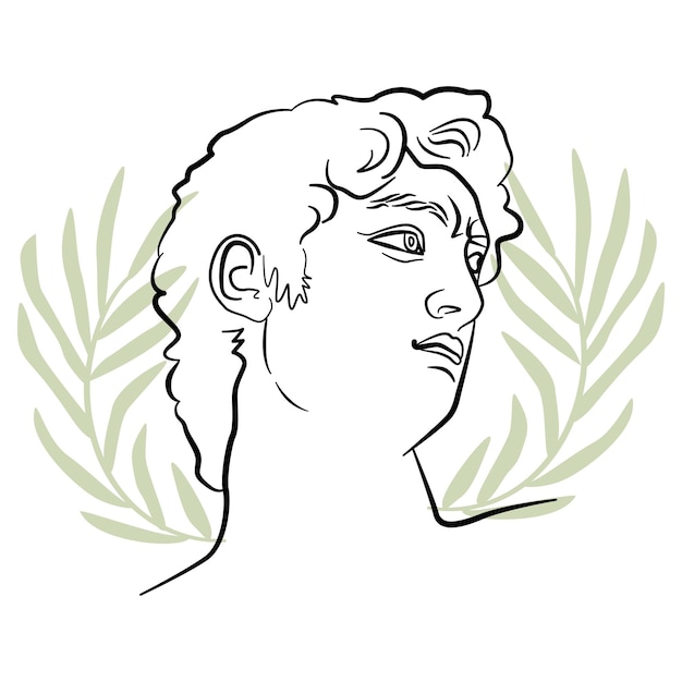 Michelangelo David head in trendy line art style A vector portrait of man with abstract olive leaf