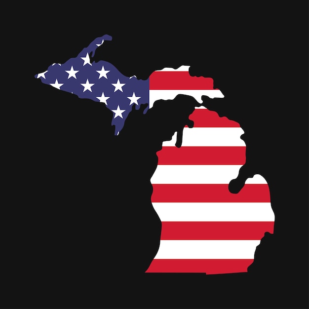 Mappa dello stato del michigan con bandiera nazionale americana su sfondo nero