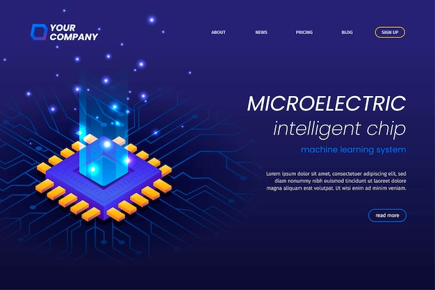 ベクトル 輝く青い光のビーズが付いているマイクロエレクトロニクス回路のランディングページ。人工知能チップのランディングページ。