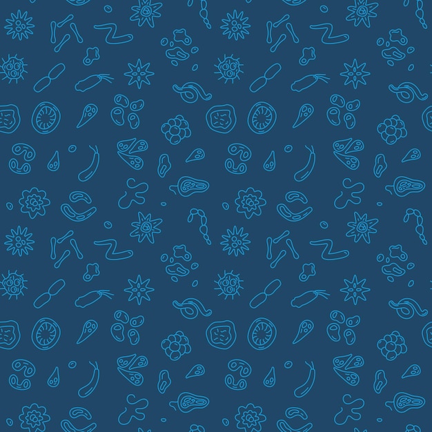 Microbe and Bacteria vector blue modern outline seamless pattern or background