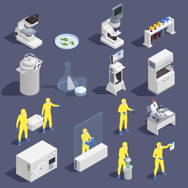 Icone isometriche microbiologiche impostate con apparecchiature di laboratorio e persone in tute protettive isolate su sfondo grigio illustrazione vettoriale 3d