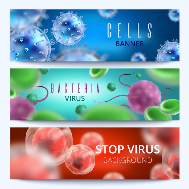 Microbiologia e banner web medici con batteri e virus 3d. virus e microbi batterici medici