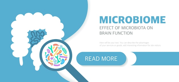 Microbiome website landing page template with intestines and bacteria mailing list advertising label