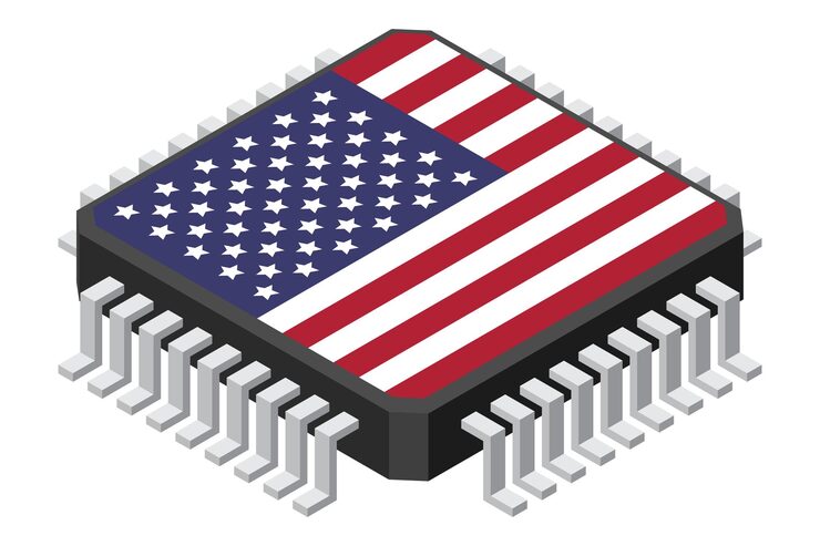 Vector microchip computer electronic component with usa flag microchip icon isometric microchip computer processor technology microprocessor